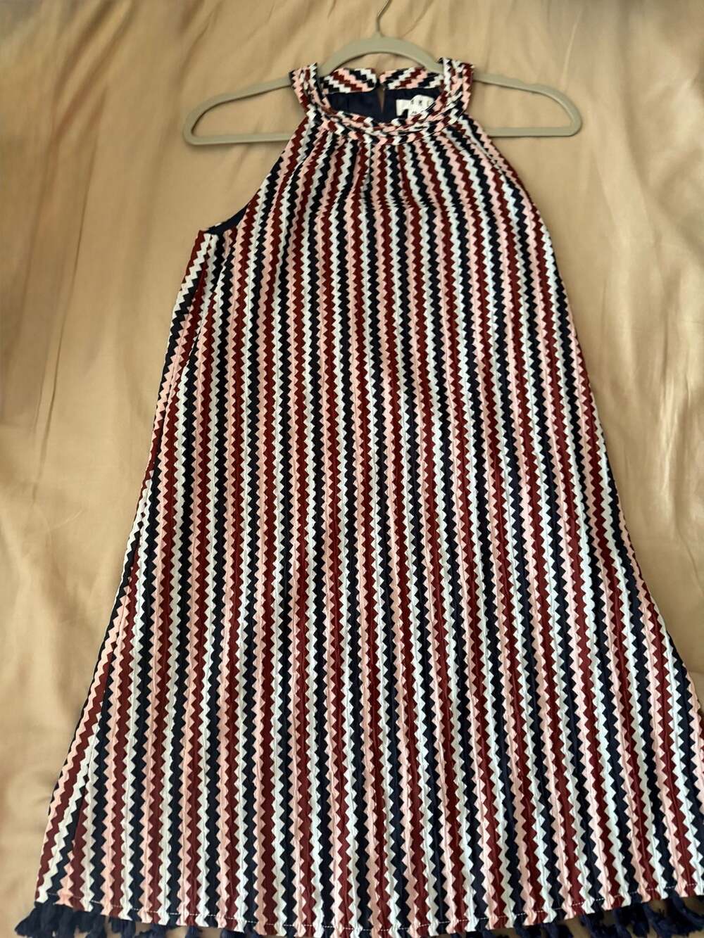 THML Chevron Pattern Halter Neck Tassel Hem Mini Dress